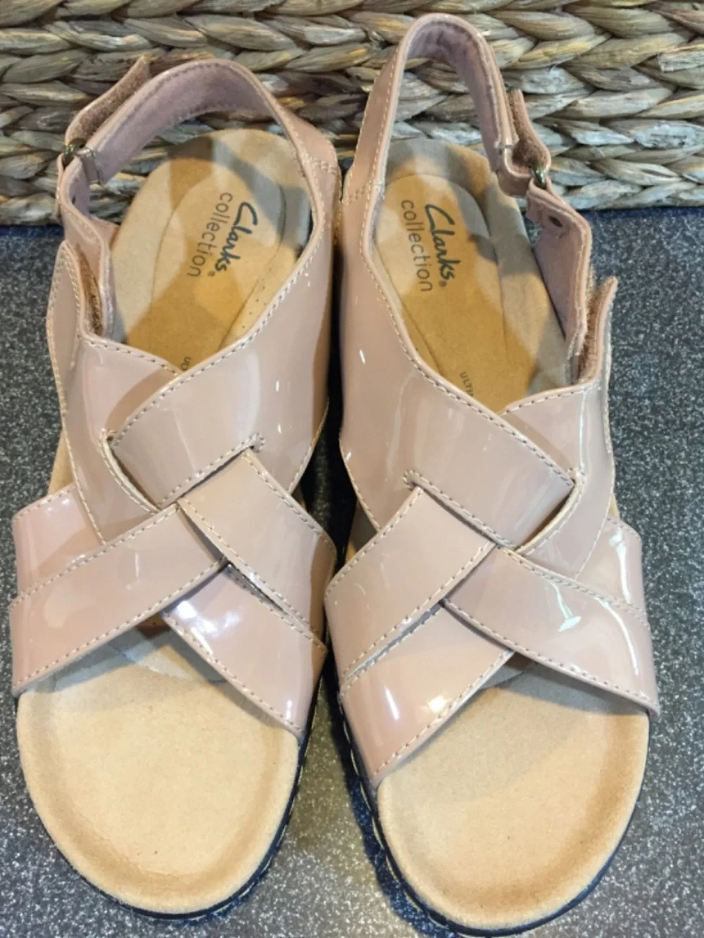 Clarks Patent Leather Crisscross Slide Sandals Tan